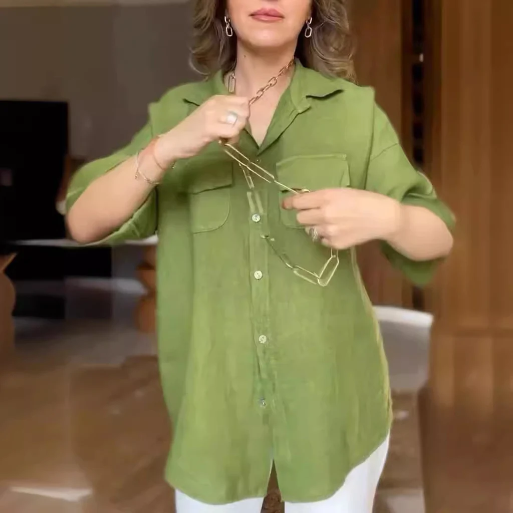 Solid Color Long Sleeve Pocket Shirt For Women - Green