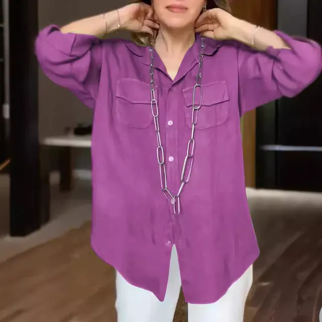 Solid Color Long Sleeve Pocket Shirt For Women Purple - Shop at LoveMi
