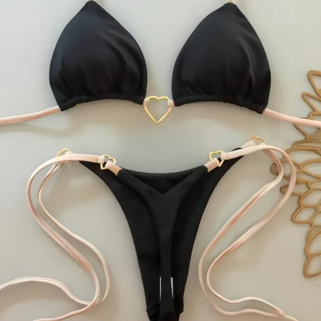 New Nylon Solid Color Love Bikini Suit Black - Shop at LoveMi