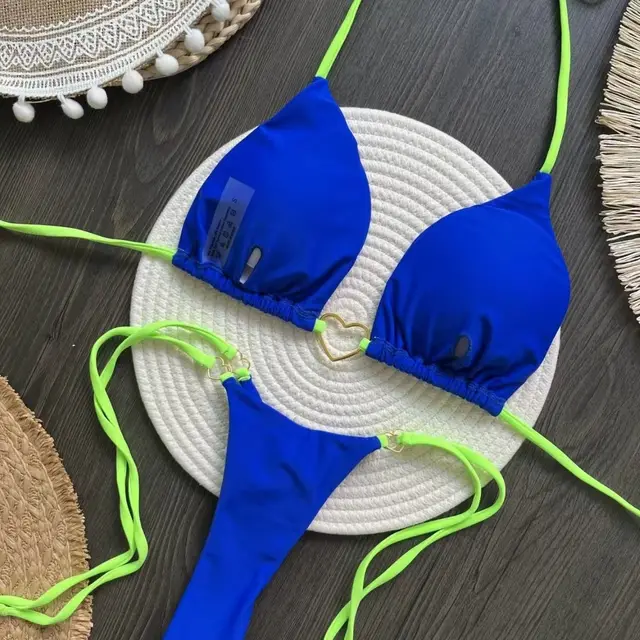 New Nylon Solid Color Love Bikini Suit Blue - Shop at LoveMi