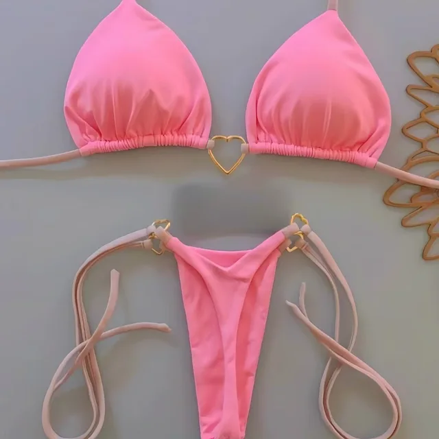 New Nylon Solid Color Love Bikini Suit Pink - Shop at LoveMi