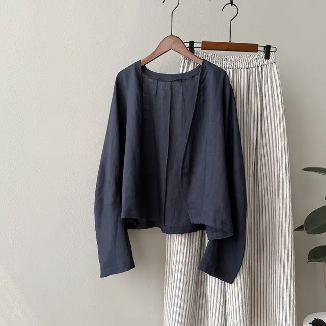 Artistic Retro Ramie Long sleeved Loose All match Sun Protection Shirt Top Dark Blue - Shop at LoveMi