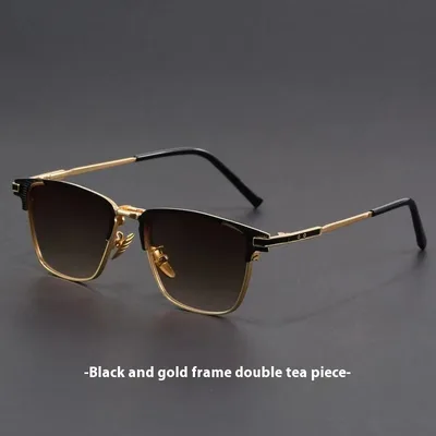 Retro Artistic UV Protection Small Square Box Sunglasses Black Gold Frame Double Tea - Shop at LoveMi