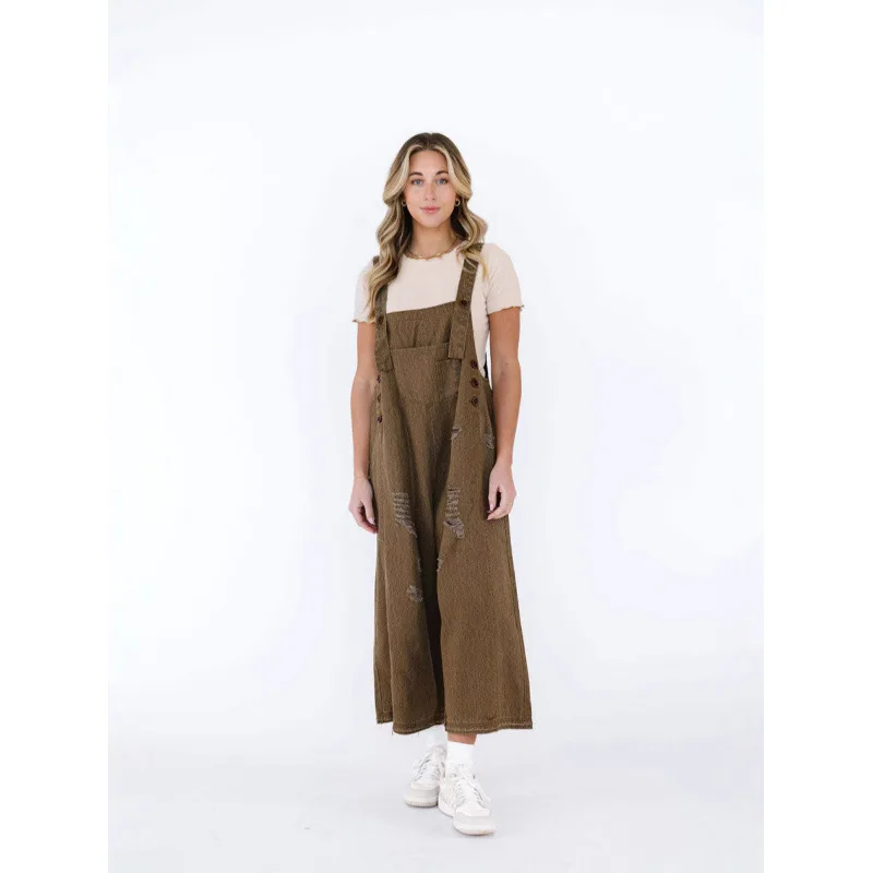 Retro Make Old Ripped Loose Wide Leg Denim Suspender Pants Brown - Shop at LoveMi