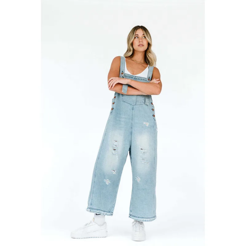 Retro Make Old Ripped Loose Wide Leg Denim Suspender Pants Light Blue - Shop at LoveMi