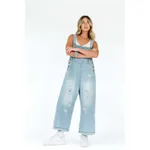 Retro Make Old Ripped Loose Wide Leg Denim Suspender Pants - Light Blue