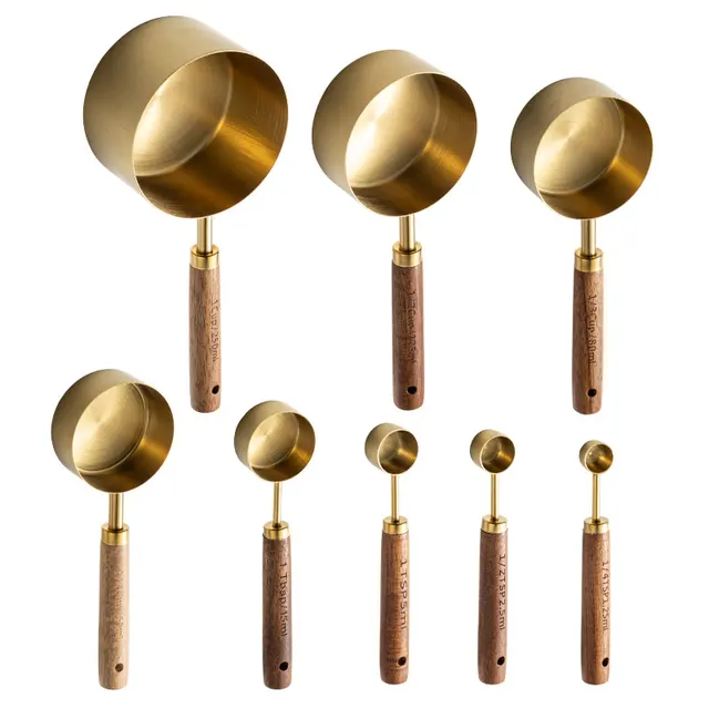 Stainless Steel Measuring Spoon And Measuring Cup 8 piece Set With Scale Walnut Wooden Handle Coffee Baking Tool Gold Volume 8 - Shop at LoveMi
