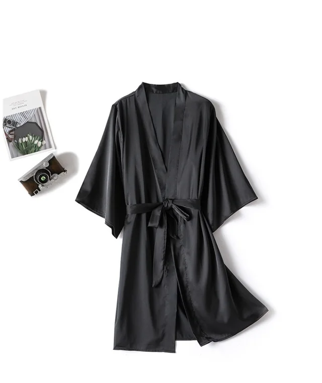 Women's Solid Color Light Luxury Silk Bathrobe Black - Shop at LoveMi