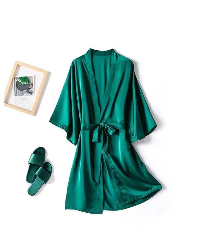 Women's Solid Color Light Luxury Silk Bathrobe Green - Shop at LoveMi