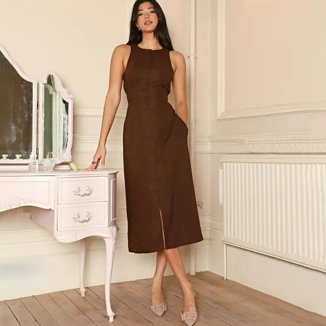 Sleeveless Round Neck Multi button Strap Casual Dress Brown - Shop at LoveMi
