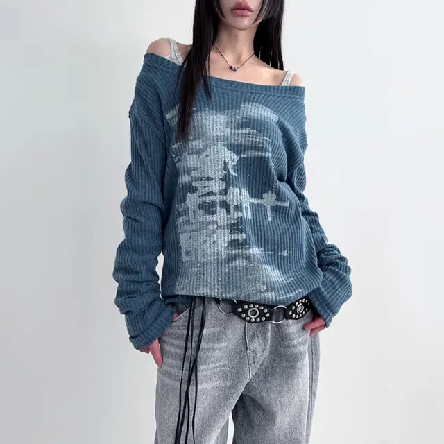 Personalized Distressed Print Diagonal Collar Loose Long sleeve Women's Top Blue - Shop at LoveMi