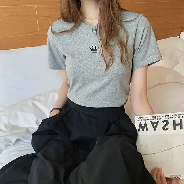 Fashion Slim Embroidered Women's Bottoming Top Gray - Shop at LoveMi