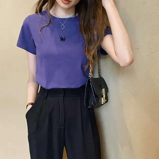Fashion Slim Embroidered Women's Bottoming Top Purple - Shop at LoveMi