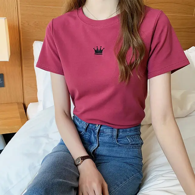 Fashion Slim Embroidered Women's Bottoming Top Rose Red - Shop at LoveMi