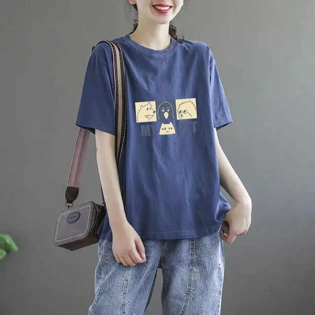 Summer Solid Color Women's Clothing Half Sleeve T shirt Blue 68 Three Animals - Shop at LoveMi