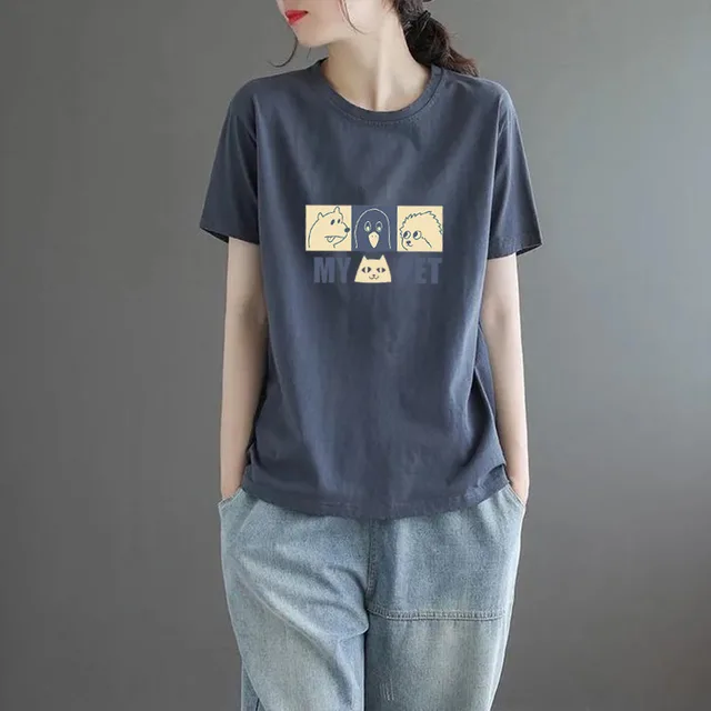 Summer Solid Color Women's Clothing Half Sleeve T shirt Gray 68 Three Animals - Shop at LoveMi