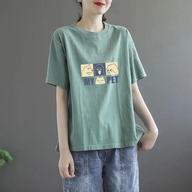 Summer Solid Color Women's Clothing Half Sleeve T shirt Green 68 Three Animals - Shop at LoveMi