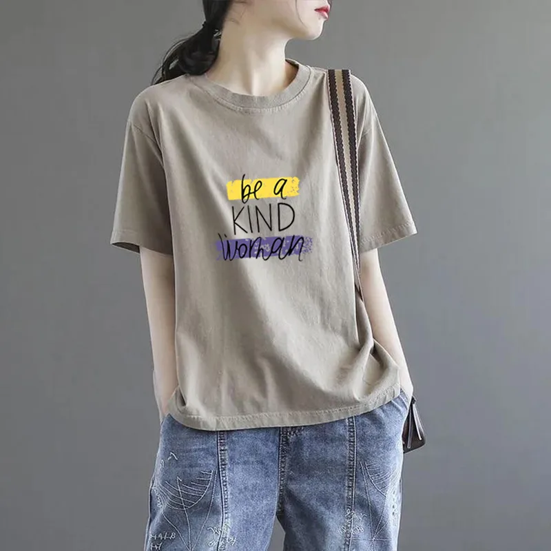 Summer Solid Color Women's Clothing Half Sleeve T-shirt - Khaki 67Kind - View 1