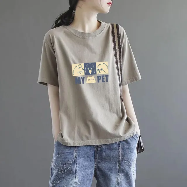 Summer Solid Color Women's Clothing Half Sleeve T shirt Khaki 68 Three Animals - Shop at LoveMi