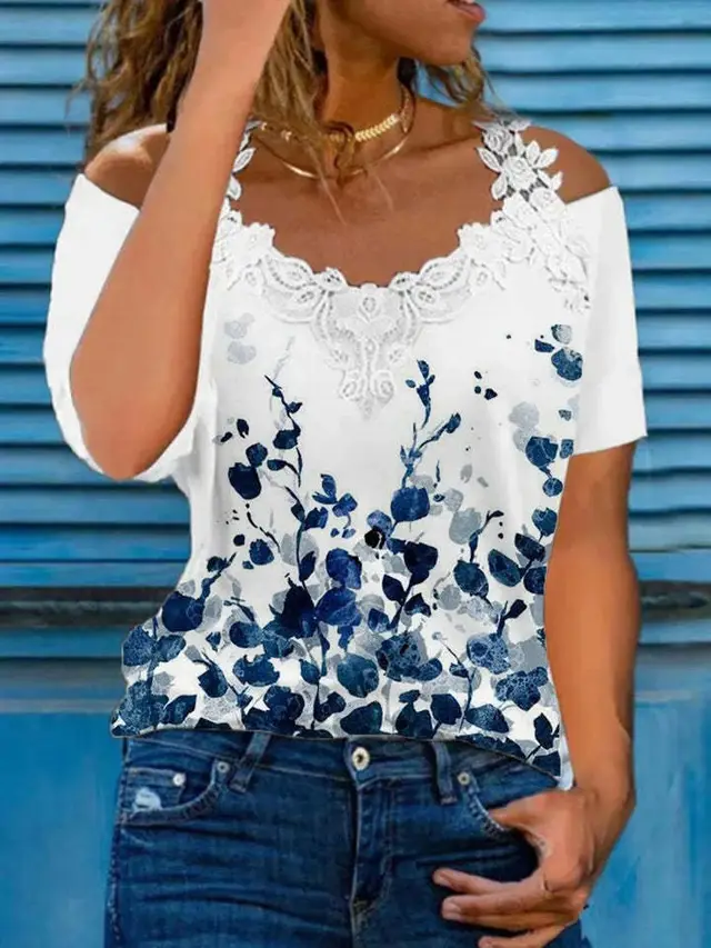 V neck Plus Size Printed Top T shirt Blue Printed 1Style - Shop at LoveMi