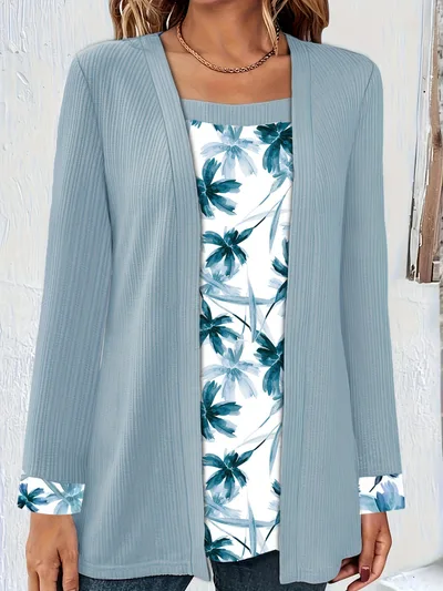 Solid Color Printing Stitching Faux Two piece Set Long Sleeve Blue - Shop at LoveMi