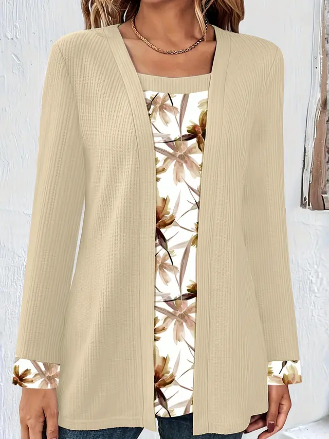 Solid Color Printing Stitching Faux Two piece Set Long Sleeve Khaki - Shop at LoveMi