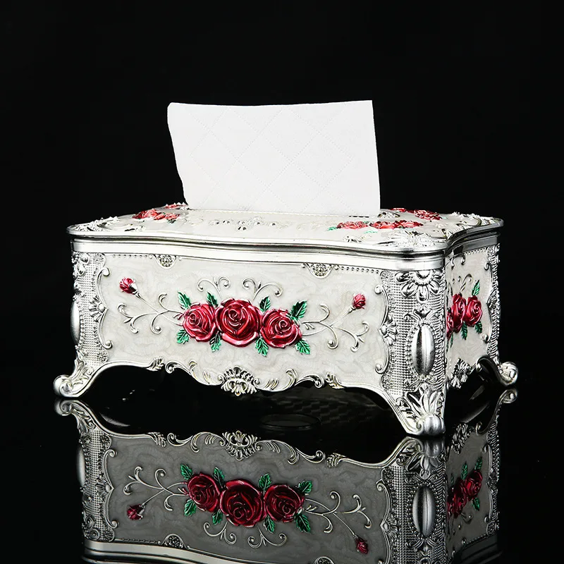 Household Mild Luxury Retro Paper Extraction Box - Silver White Red Roses - View 1