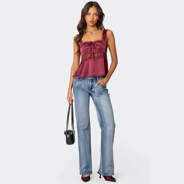 Stitching Lace Spaghetti strap Camisole Top Wine Red - Shop at LoveMi