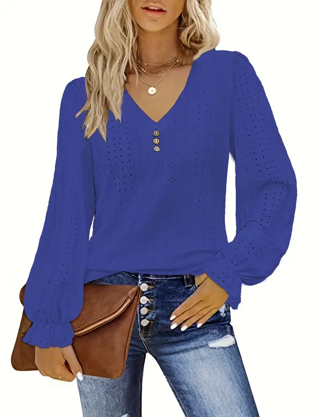 Hollowed Leisure Pleated Sleeve Top Blue - Shop at LoveMi