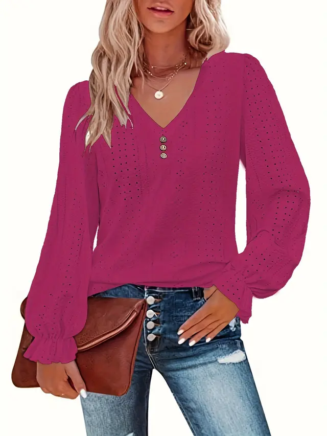 Hollowed Leisure Pleated Sleeve Top Rose Red - Shop at LoveMi