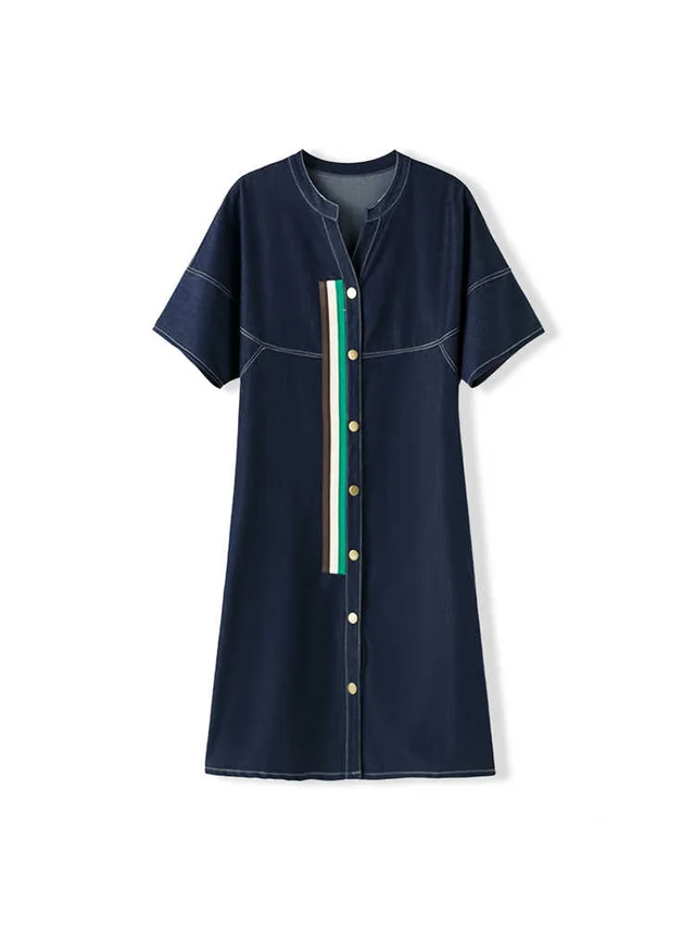 V neck Denim Dress Female Casual A Line Dress Denim Blue - Shop at LoveMi