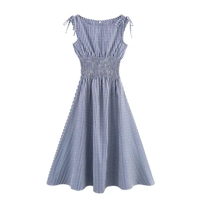 Plaid Waist controlled Lace up Dress Blue - Shop at LoveMi