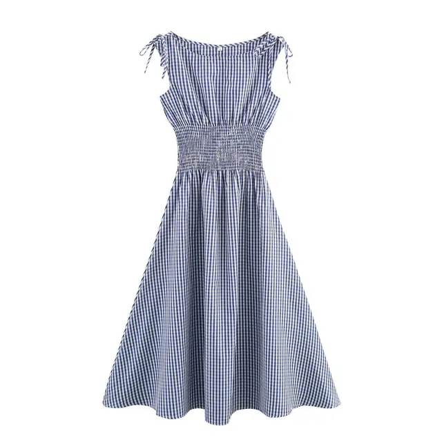 Plaid Waist controlled Lace up Dress Blue - Shop at LoveMi