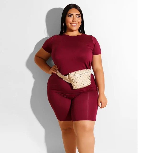 Plus Size Women's Casual Solid Color Round Neck T shirt Shorts Set 3 Wine Red - Shop at LoveMi
