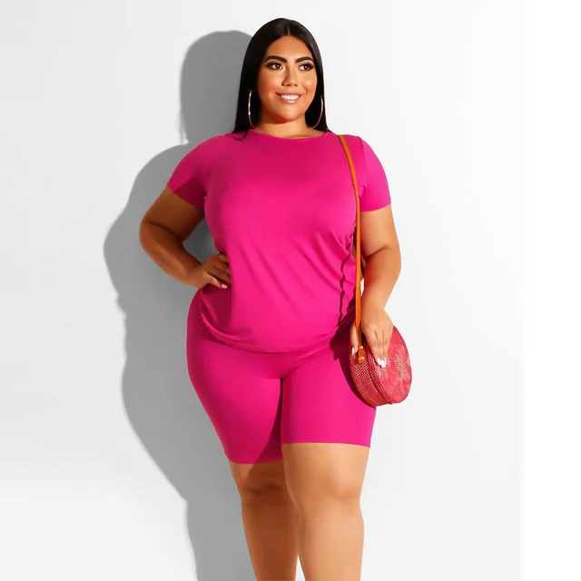 Plus Size Women's Casual Solid Color Round Neck T shirt Shorts Set 4 Rose Red - Shop at LoveMi