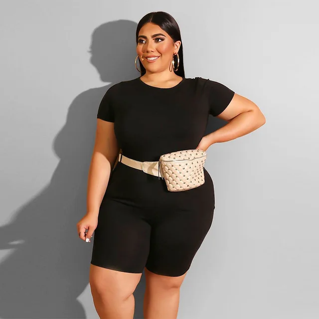 Plus Size Women's Casual Solid Color Round Neck T shirt Shorts Set 5 Black - Shop at LoveMi