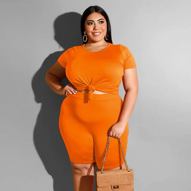 Plus Size Women's Casual Solid Color Round Neck T shirt Shorts Set 7 Orange - Shop at LoveMi