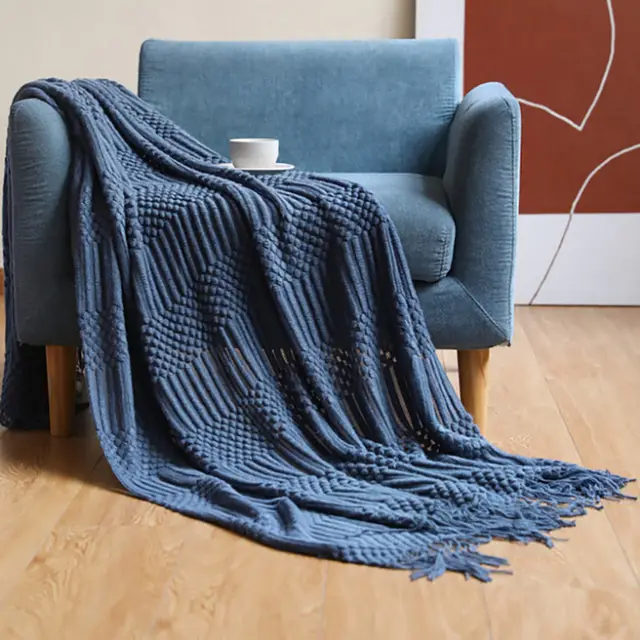 Sofa Bed Blanket Cashmere like Warm Tassel Scarf Navy Blue - Shop at LoveMi