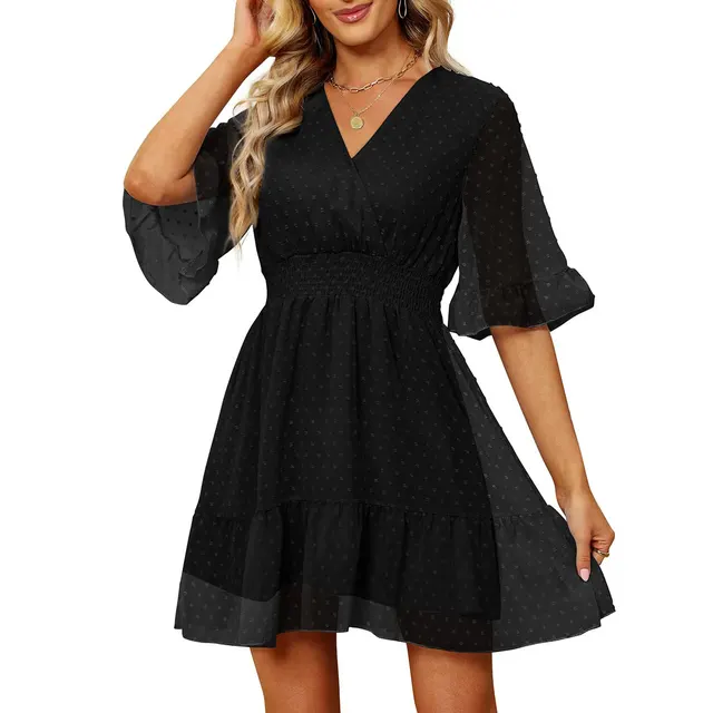 Women's New Solid Color Chiffon Jacquard Bell Sleeve Smocking Elastic Waist Dress Black - Shop at LoveMi