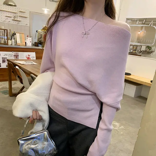 Off shoulder Western Style Inner Wear Slim Knit Bottoming Shirt For Women Pink - Shop at LoveMi