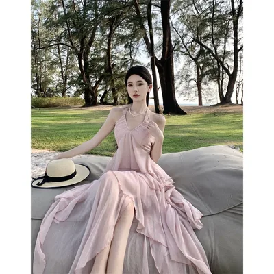 Summer Seaside Vacation Irregular Halter Spaghetti Straps Backless Dress Women Pink - Shop at LoveMi