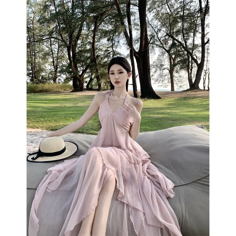 Summer Seaside Vacation Irregular Halter Spaghetti Straps Backless Dress Women - Pink - View 1