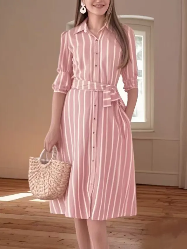 Women's Summer Plus Size Women's Clothes Cotton Polyester Blended Striped Dress Pink - Shop at LoveMi