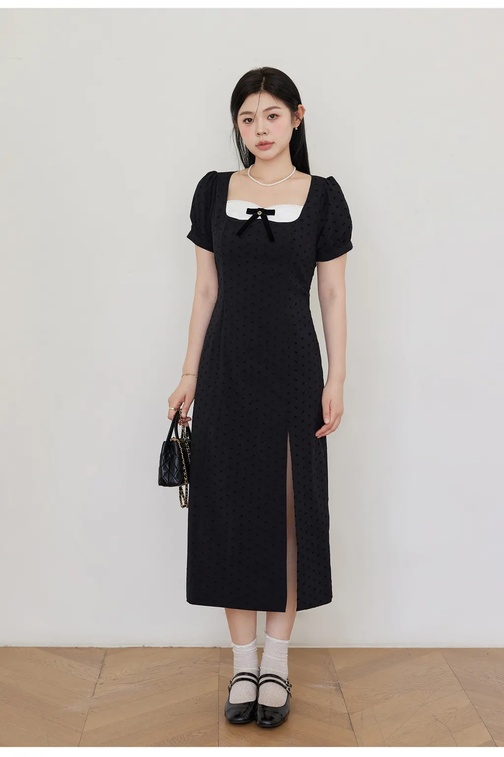 Bubble Sleeve Black Floral Bow Plus Size Dress - Black Long