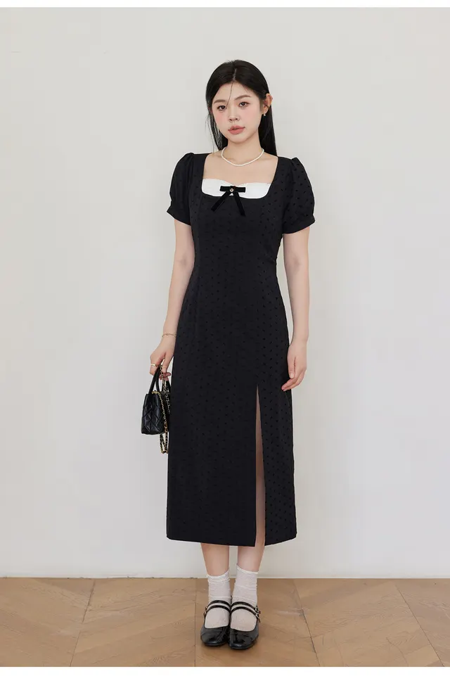 Bubble Sleeve Black Floral Bow Plus Size Dress Black Long - Shop at LoveMi