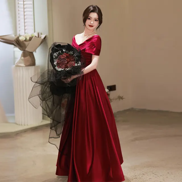 Off shoulder Banquet Temperament Engagement License Host Evening Dress Wine Red Satin Long - Shop at LoveMi