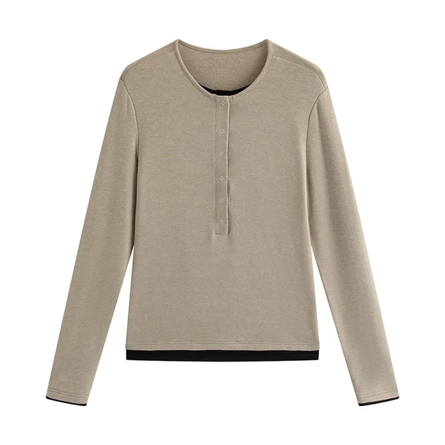 Half Cardigan Plus Size Long Sleeve T shirt Khaki Coffee Stitching - Shop at LoveMi