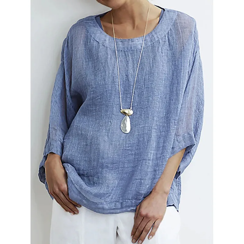 Casual Round Neck Cotton Top Women's Comfortable Loose Lining - Blue