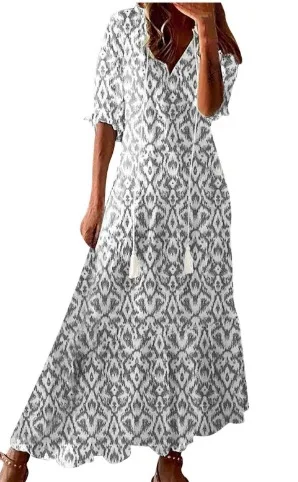 Long Sleeve Loose Bohemian Printed V neck Maxi Dress Light Grey - Shop at LoveMi