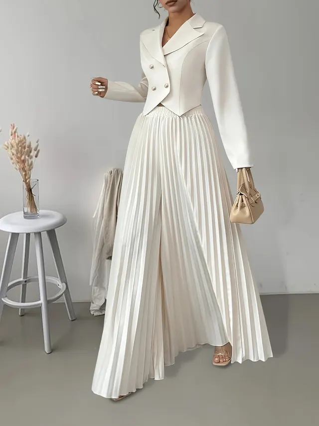 Top Set Long Sleeved Pleated Skirt White - Shop at LoveMi